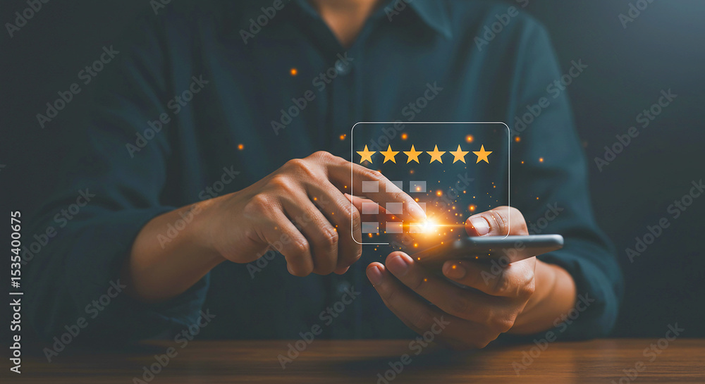 Poster person using smartphone to give a five star rating with glowing effects in a dark background scene