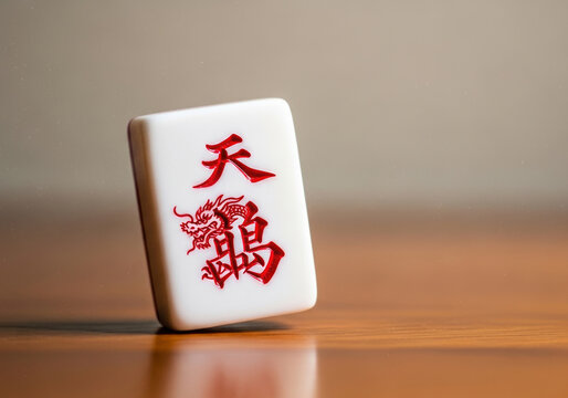 Close-up of Chinese mahjong tile with red dragon symbol on wooden surface. International Mahjong Day