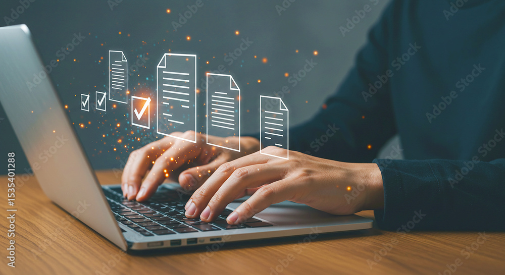 Poster person typing on laptop with digital documents and checkmarks floating above the keyboard area shown