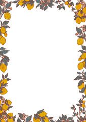 Lemons illustration rectangular frame. Square lemonade fruit summer border for decor design. Citrus garden trees card template and provence photo