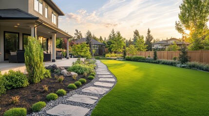 Obraz premium Beautiful Landscape Design Featuring Lush Green Lawn, Stone Pathway, and Modern Home in Tranquil Suburban Setting During Sunset