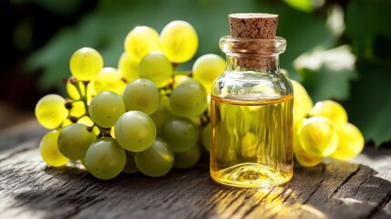 A small glass bottle of golden oil with a cork stopper stands on a wooden surface beside a fresh cluster of green grapes in natural light.