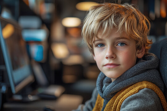 Young boy focused on computer screen.