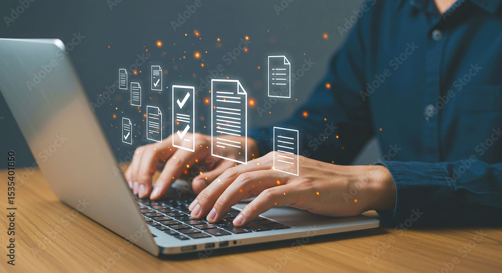 Poster person typing on a laptop with digital document icons floating around the screen in a dark setting