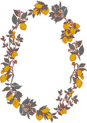 Lemons illustration round frame. Oval lemonade fruit summer border for decor design. Citrus garden trees card template and provence photo