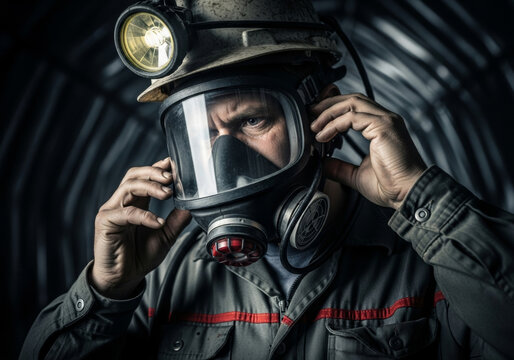 Miner wearing safety gear and gas mask in underground tunnel