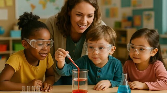 Curious Kindergarten Children Exploring Science Experiments with Teacher