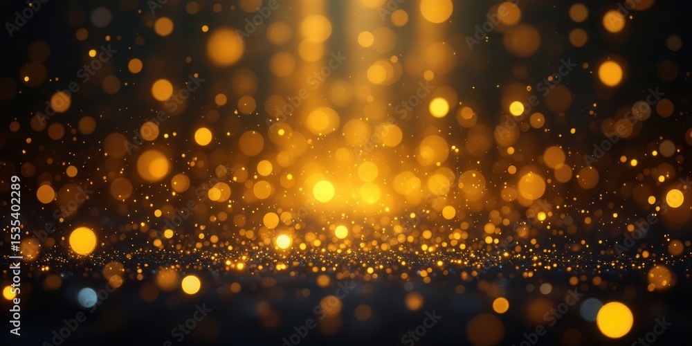 Poster golden bokeh light sparkles on dark background with warm glow