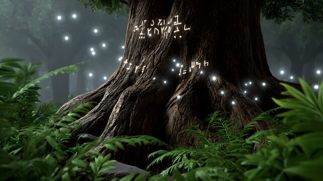 An ancient, mystical tree with glowing runes in an enchanted forest. - Powered by Adobe
