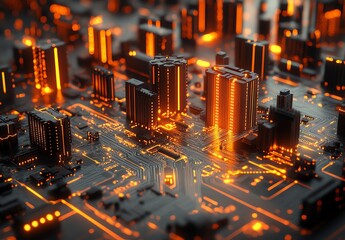 A glowing futuristic cityscape constructed from microchips and circuit boards, blending technology with urban architecture in a digital realm.