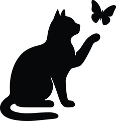 Silhouette cat playing with butterfly flat design vector illustration