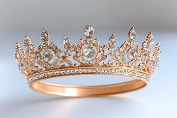 Intricate gold crown with sparkling gems, resting on a soft white surface