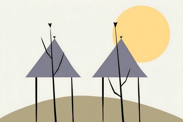 Obraz premium Abstract houses with minimalist sun background