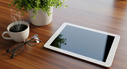 Fototapeta premium Tablet, coffee cup, eyeglasses, and plant on wood table mockup, showcasing a workspace scene ideal for technology, business or lifestyle blogs