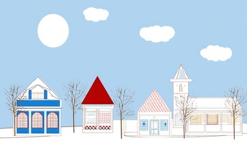 Stylized village houses and simple sky