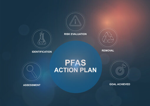 PFAS action plan central hub infographic template with circular process workflow. Environmental compliance strategy. Web design business and marketing presentation. PFAS concept. Vector illustration