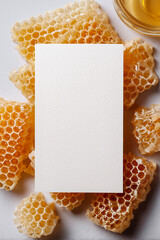 a white blank card lies on top of the honeycomb

