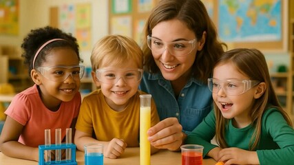 Curious Kindergarten Children Exploring Science Experiments with Teacher - Powered by Adobe