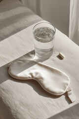 silk sleep mask, glass of water and white pill on light background
