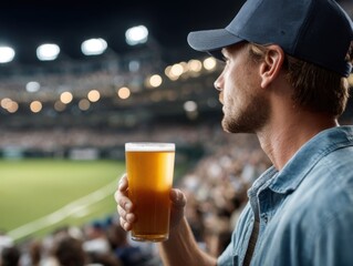 Man in a baseball cap enjoys beer at a stadium, illuminated stadium at night, a fan enjoying a sporting event.