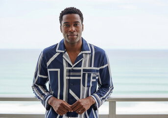 Young black man in striped day-jama with geometric lines standing on balcony with ocean view