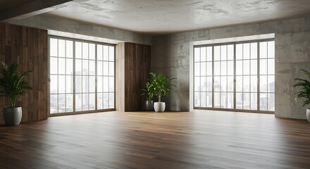 Spacious Room with Hardwood Floors and Large Windows Overlooking City