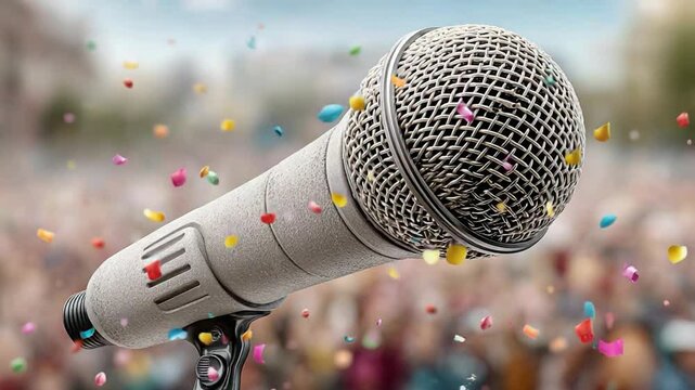 Microphone music celebration confetti event sound audio performance stage party and crowd are featured this vibrant vdo evoking excitement and energy, with microphone music celebration confetti event