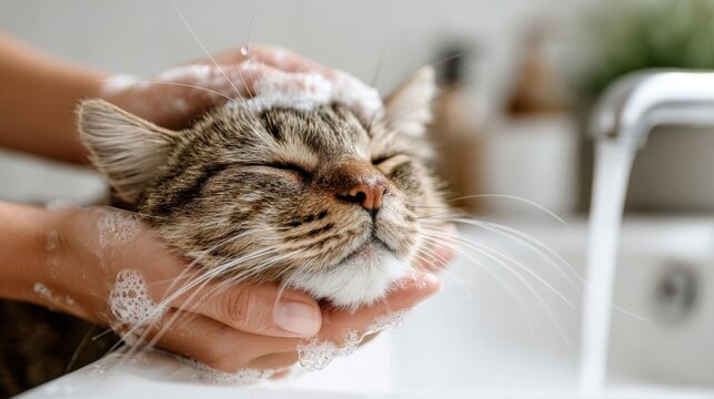 A tabby cat enjoys a soothing bath, its face lathered with soap, eyes closed in contentment as it gets washed.