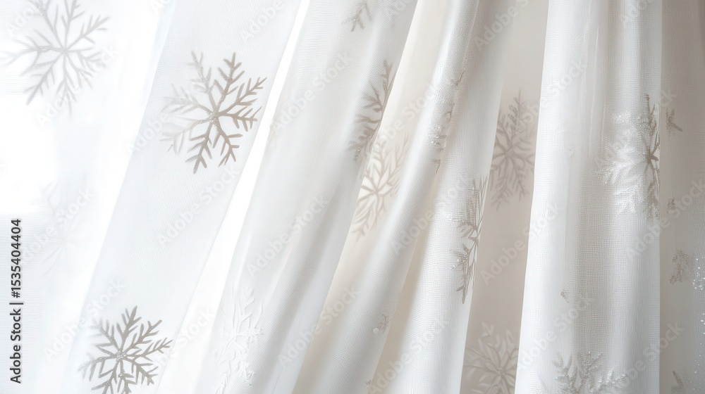Poster softly draped curtains with a snowflake design float over a white background, bringing a sense of ca