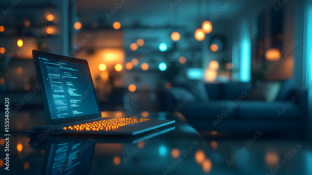 Aufkleber laptop with glowing keyboard displaying code at night in a cozy living room. perfect for tech, progr