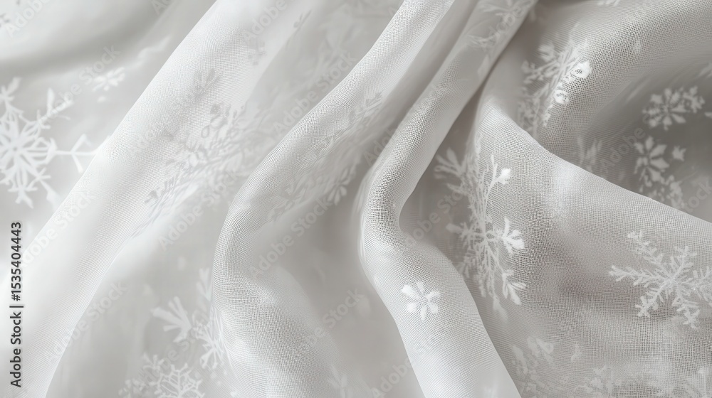 Poster softly draped curtains with a snowflake design float over a white background, bringing a sense of ca