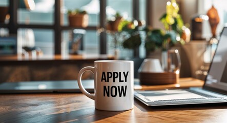 apply now lettering on coffee mug at table