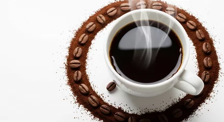  Steaming cup of black coffee encircled by coffee beans and grounds on white background, showcasing aroma and freshness, ideal for cafe or beverage concepts © Mirivox