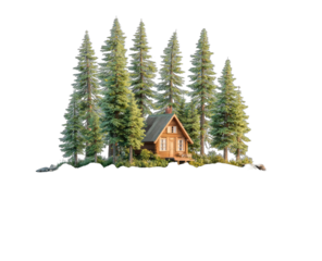 Cozy cabin nestled amidst tall evergreen trees