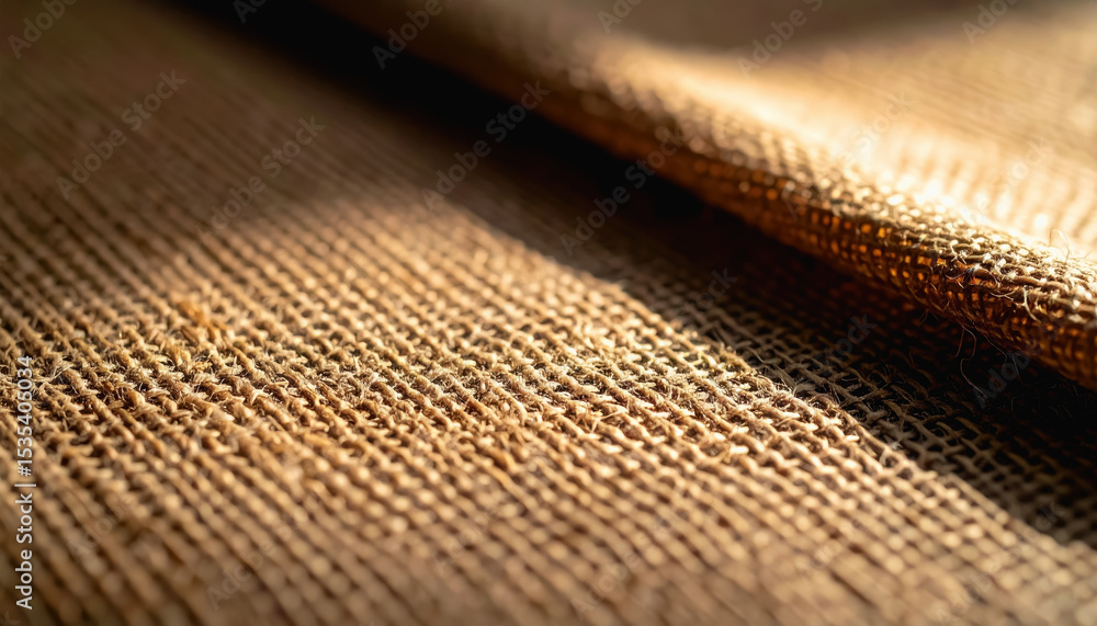 Poster close-up of rough canvas texture showcasing natural fibers visible in warm sunlight casting shadows 