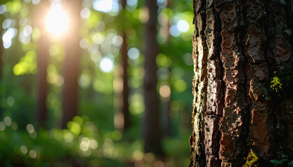 Obraz premium Close-up of rough tree bark with intricate patterns highlighted by natural light filtering through the forest