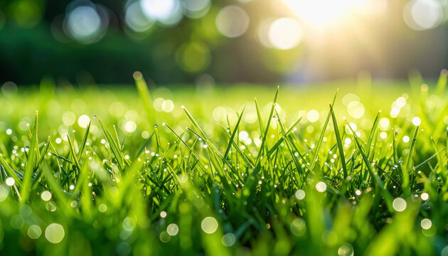 Close-up of lush green grass blades with dew glistening in soft morning light for a refreshing natural scene