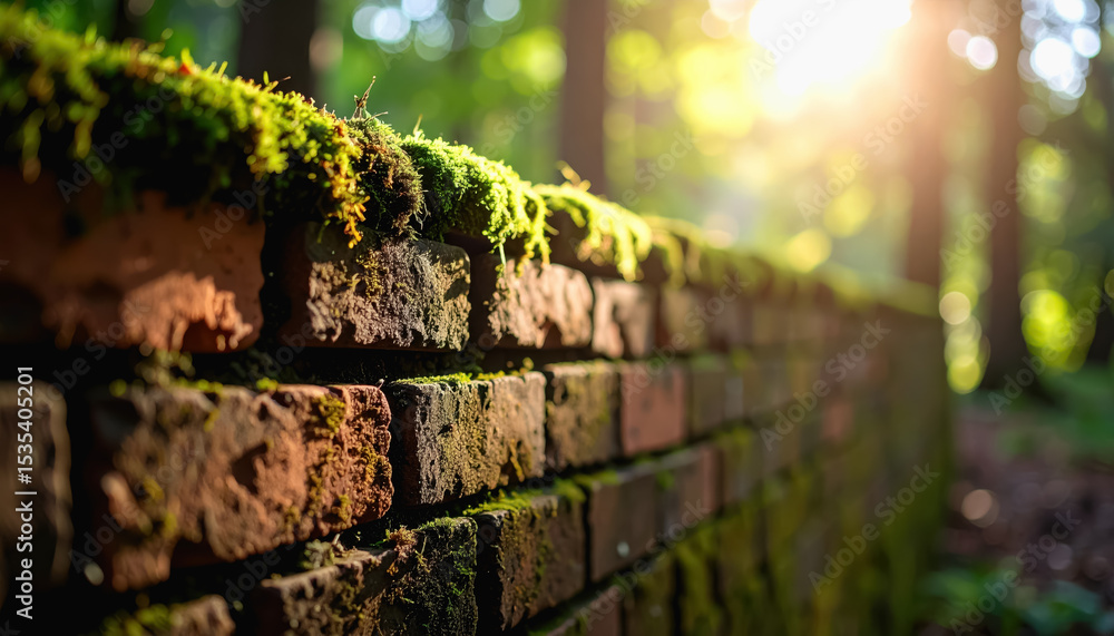 Poster weathered old brick wall nestled in the woods surrounded by soft natural light filtering through cre