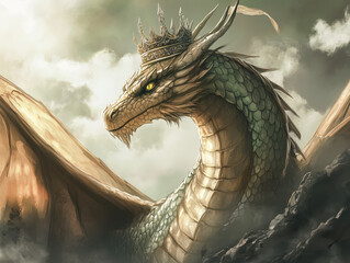 Crowned Dragon with Emerald Scales in Regal Fantasy Landscape