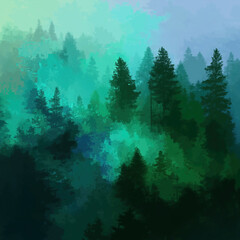 Mystical Forest Landscape With Foggy Atmosphere and Vibrant Green Foliage
