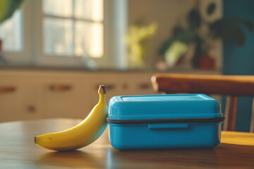 blue school lunchbox with banana on kitchen table