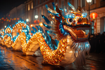 Dragon float in Chinese New Year parade.