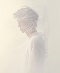 Dreamlike portrait of a serene person enveloped in flowing light fabric