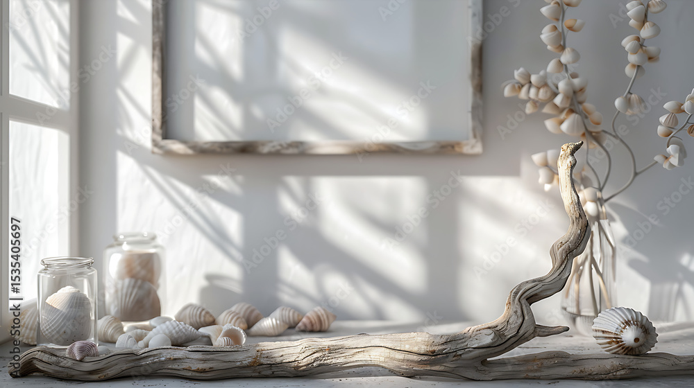 Aufkleber seashells and driftwood are arranged on a table near a window with a frame and vase, creating a sere