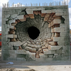 Optical illusion of tunnel in stone wall with intricate 3D painting effect