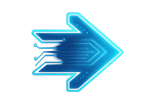 Blue glowing arrow with circuit board texture pointing right on transparent background, ideal for technology and futuristic designs