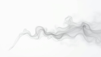 Create a minimalist abstract composition featuring a horizontal trail of soft, wispy black smoke on a clean white background. The smoke should have gentle curves and varying opacity,