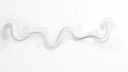 Create a minimalist abstract composition featuring a horizontal trail of soft, wispy black smoke on a clean white background. The smoke should have gentle curves and varying opacity,