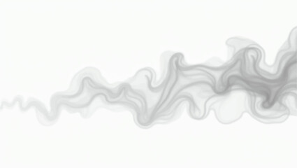 Create a minimalist abstract composition featuring a horizontal trail of soft, wispy black smoke on a clean white background. The smoke should have gentle curves and varying opacity,