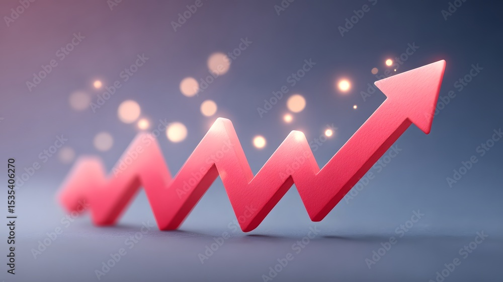 Poster a red zigzag arrow pointing upwards symbolizes growth, progress, and success on a soft purple backgr